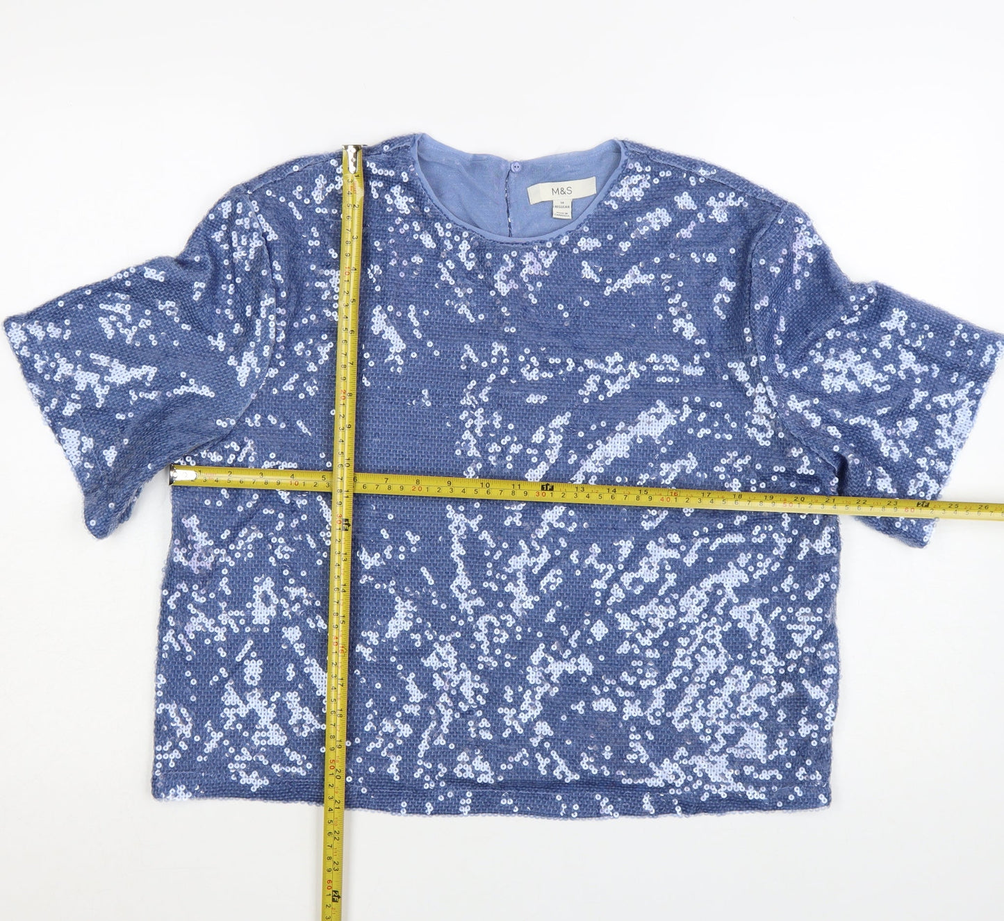 Marks and Spencer Women's Blue Sequin Cropped T-Shirt Size 14