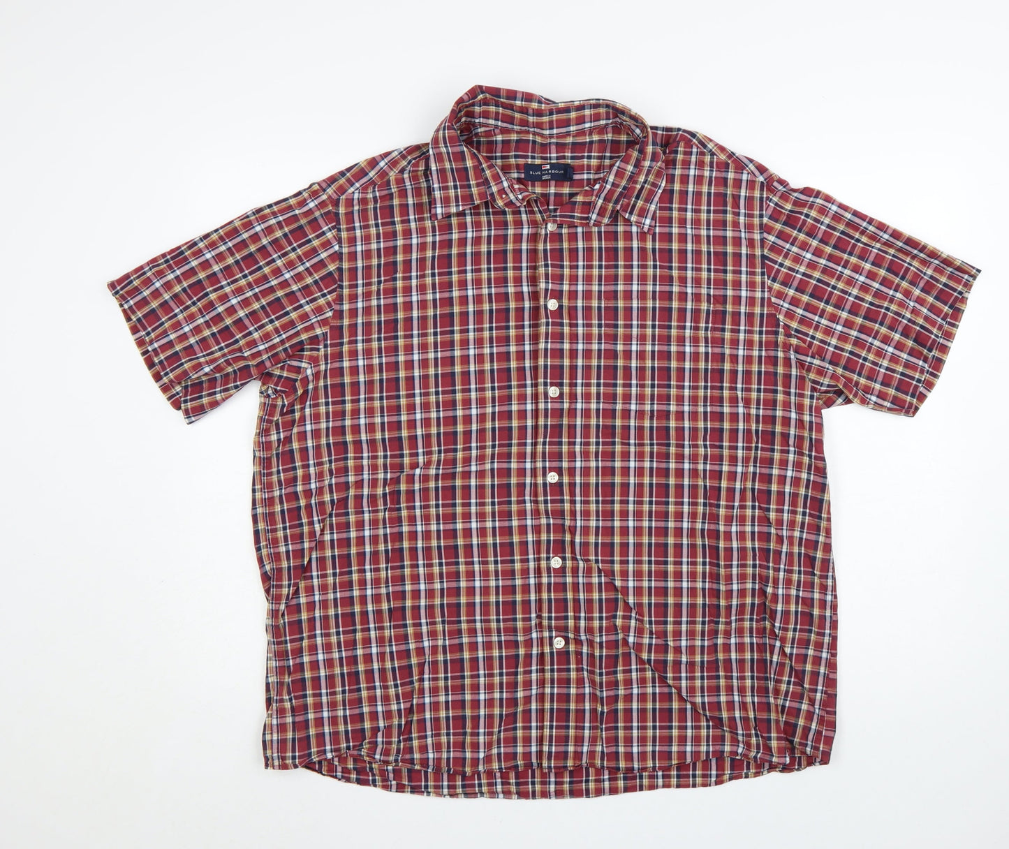 Marks and Spencer Men's Red Check Cotton Blend Short Sleeve Shirt XL