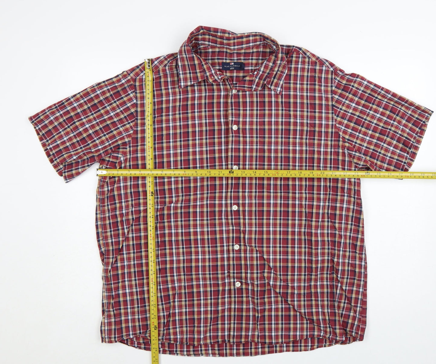 Marks and Spencer Men's Red Check Cotton Blend Short Sleeve Shirt XL