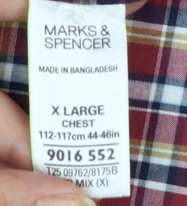 Marks and Spencer Men's Red Check Cotton Blend Short Sleeve Shirt XL