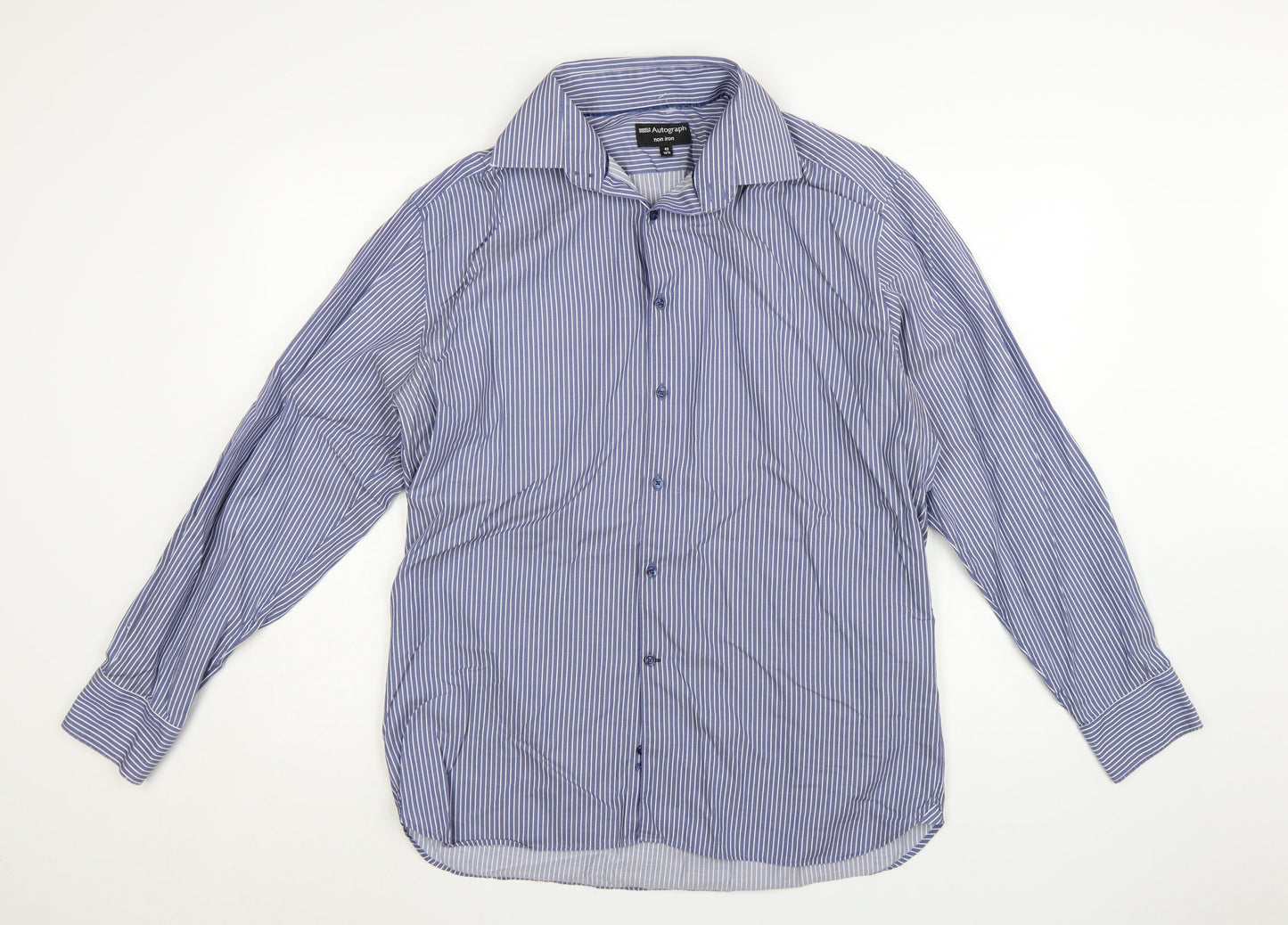 Marks and Spencer Autograph Blue Striped Non-Iron Cotton Shirt 16.5in Men's Regular Fit