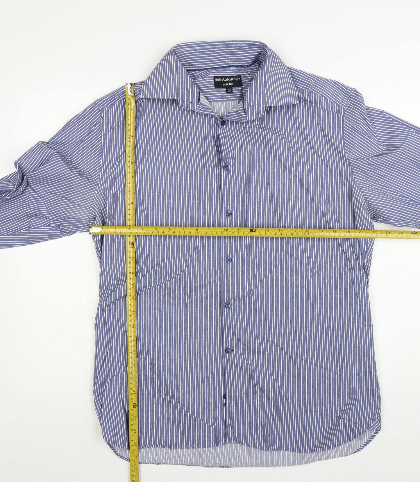 Marks and Spencer Autograph Blue Striped Non-Iron Cotton Shirt 16.5in Men's Regular Fit