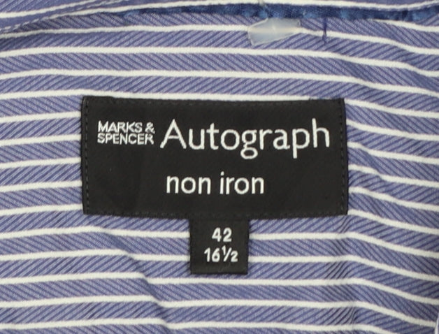 Marks and Spencer Autograph Blue Striped Non-Iron Cotton Shirt 16.5in Men's Regular Fit