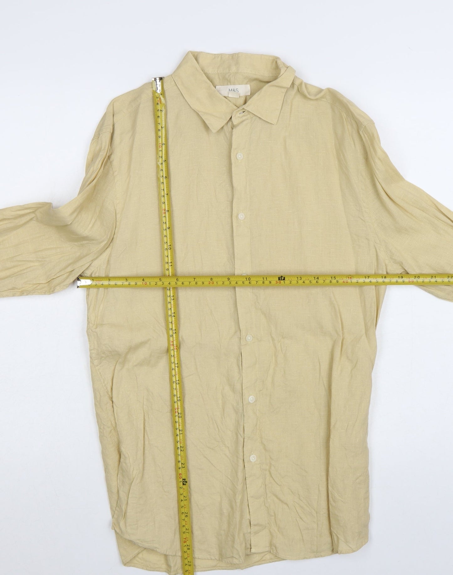 Marks and Spencer Men's Beige Linen Long Sleeve Button-Up Shirt Small