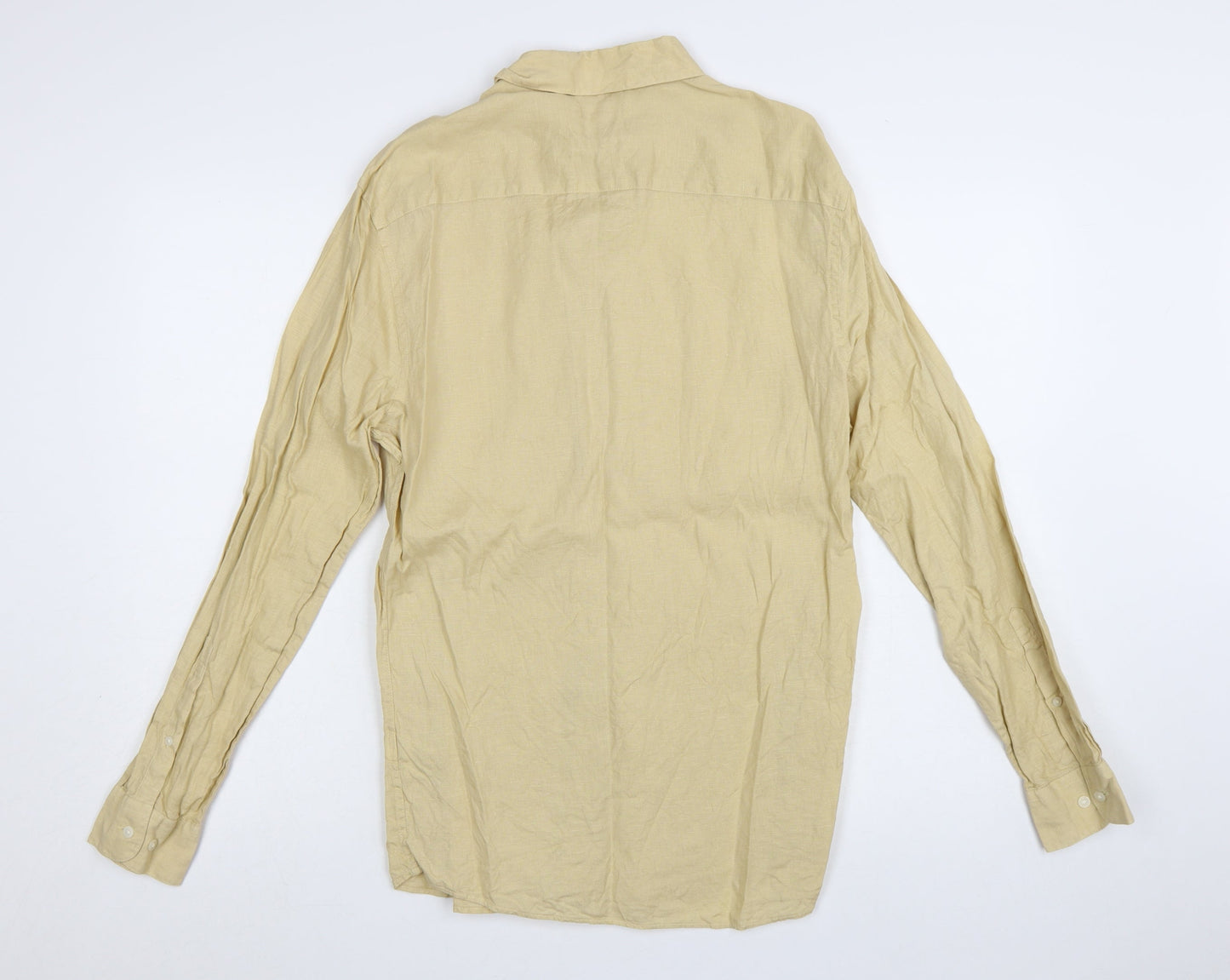 Marks and Spencer Men's Beige Linen Long Sleeve Button-Up Shirt Small