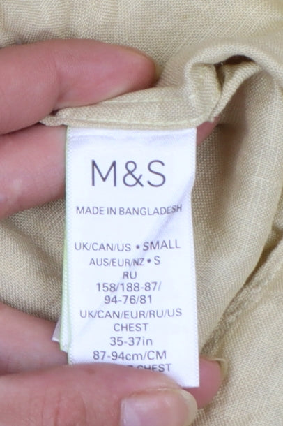 Marks and Spencer Men's Beige Linen Long Sleeve Button-Up Shirt Small