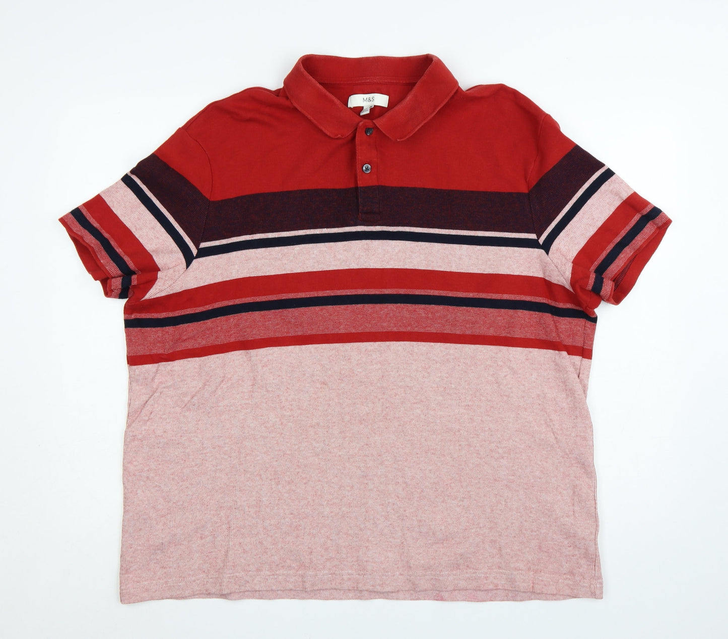 Marks and Spencer Men's Red Striped 2XL Cotton Polo Shirt