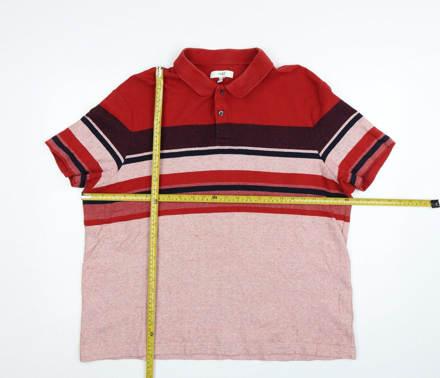 Marks and Spencer Men's Red Striped 2XL Cotton Polo Shirt