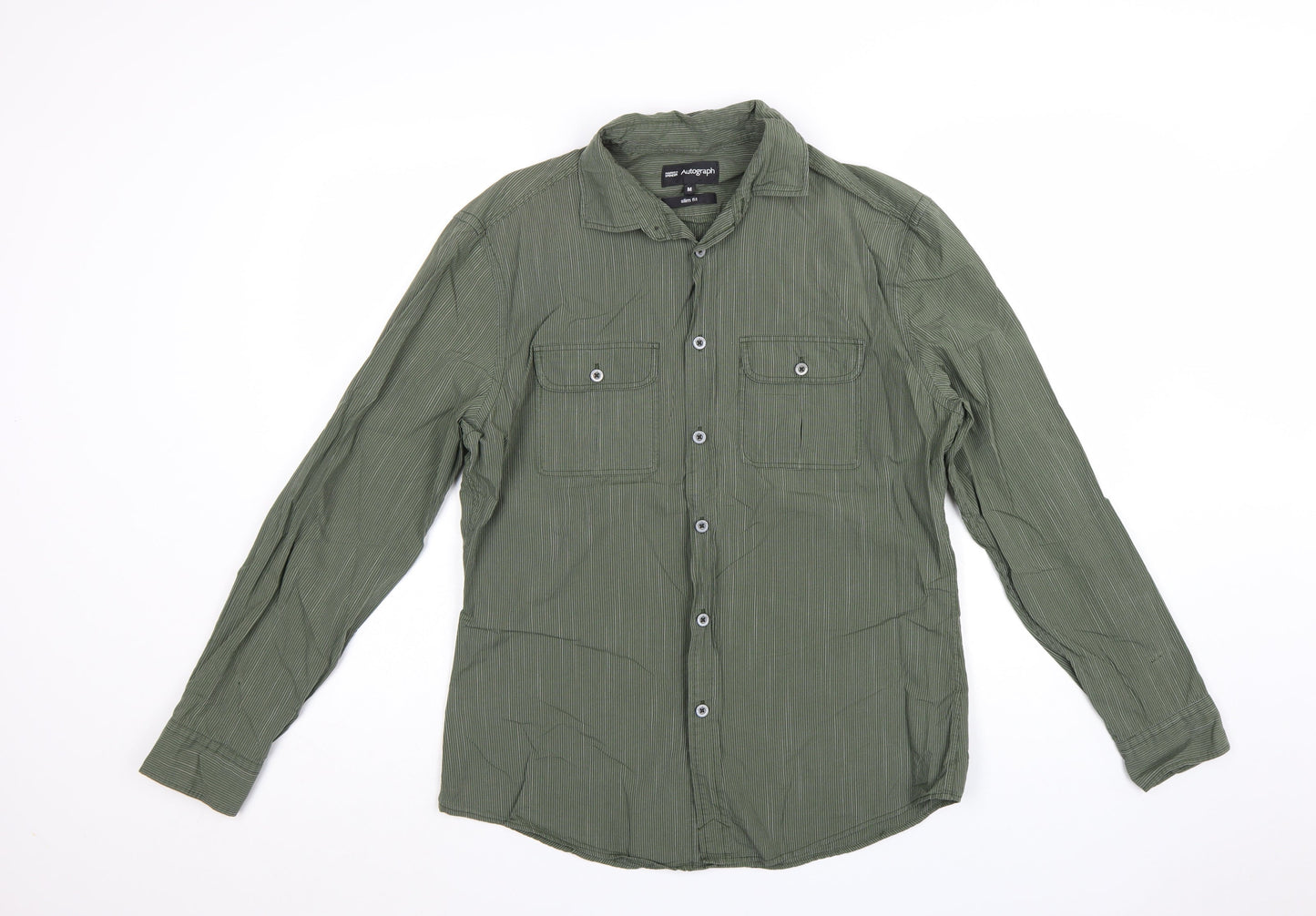 Marks and Spencer Autograph Men's Green Slim Fit Cotton Button-Up Shirt M