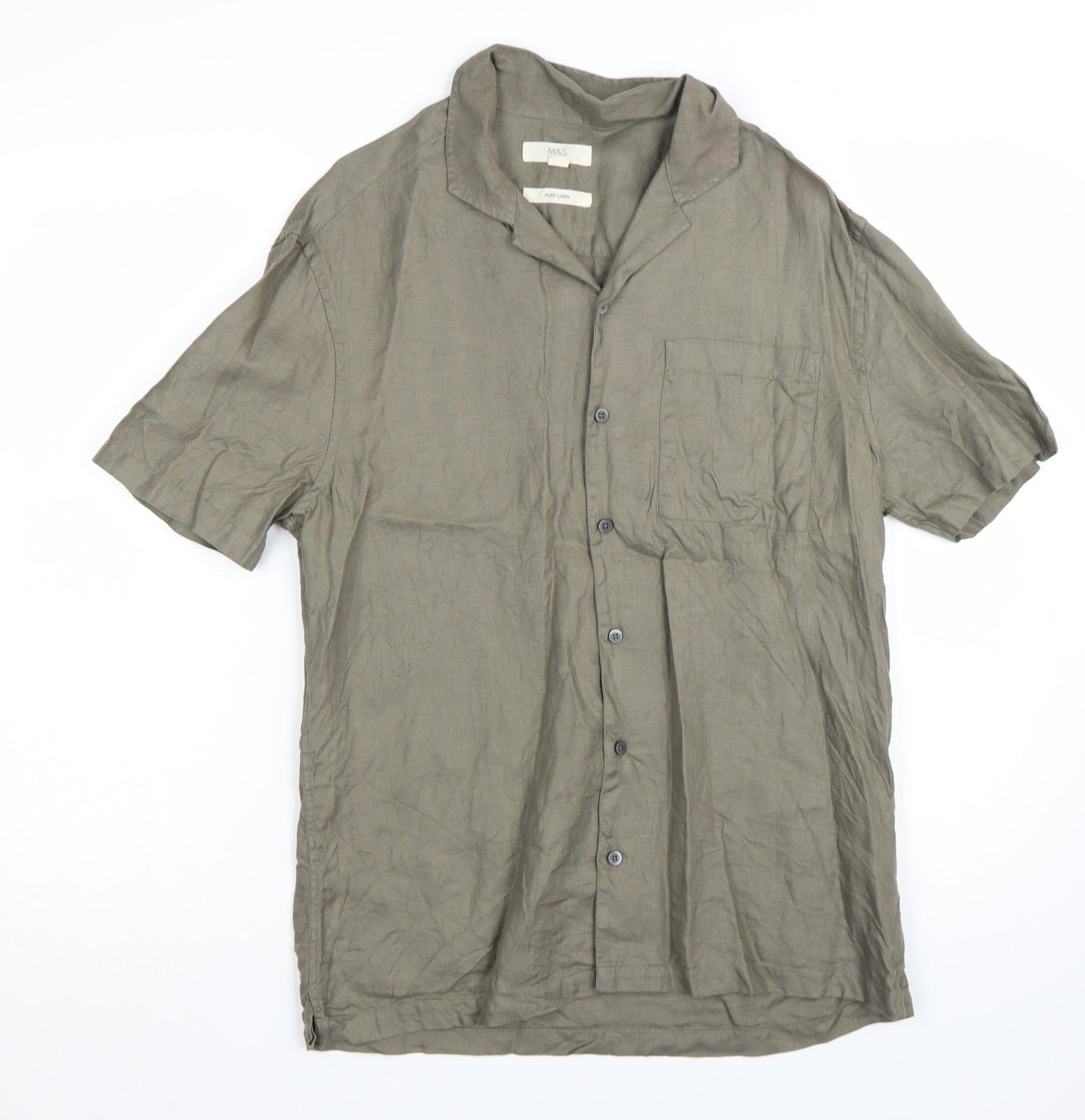 Marks and Spencer Men's Green Linen Short Sleeve Button-Up Shirt S