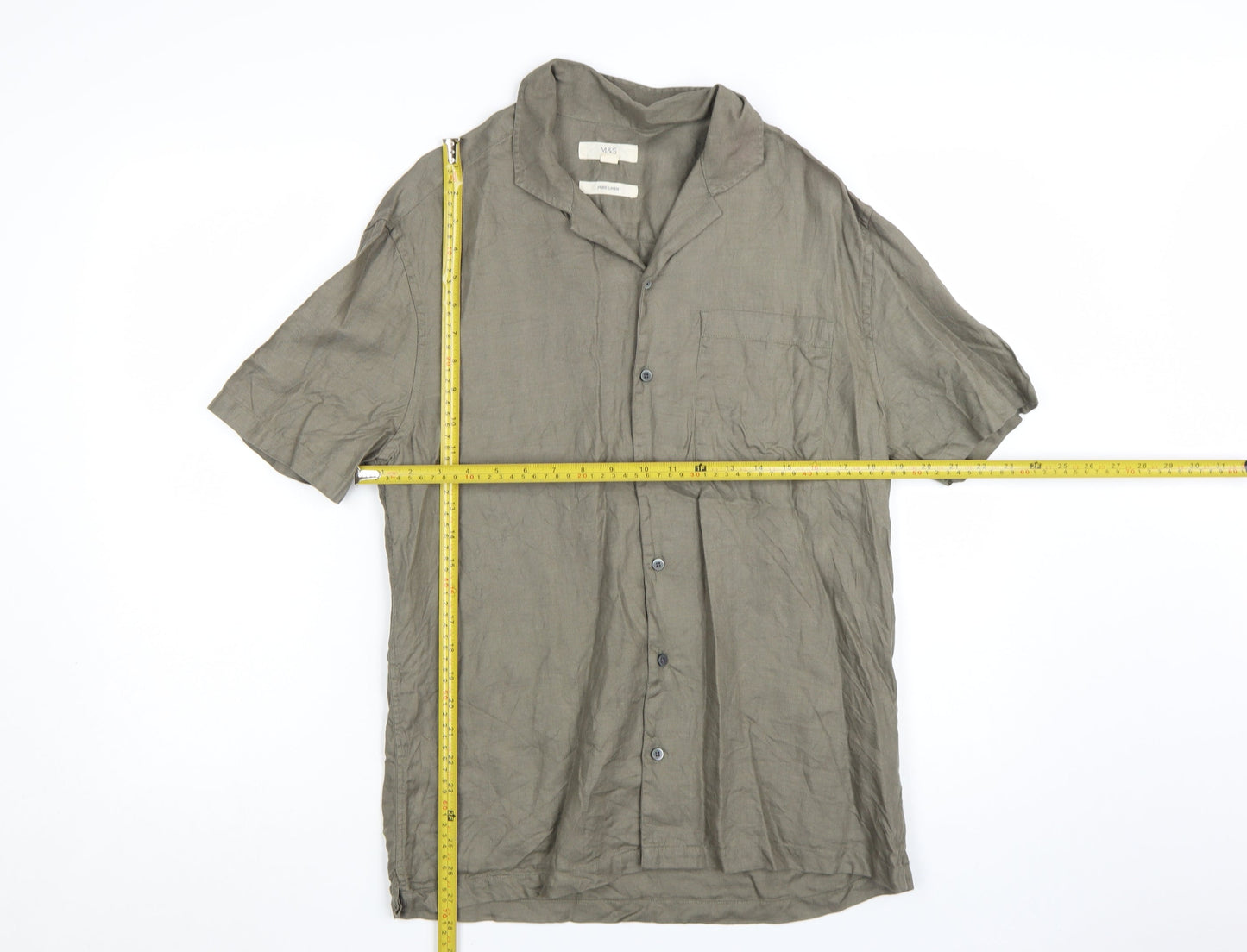 Marks and Spencer Men's Green Linen Short Sleeve Button-Up Shirt S