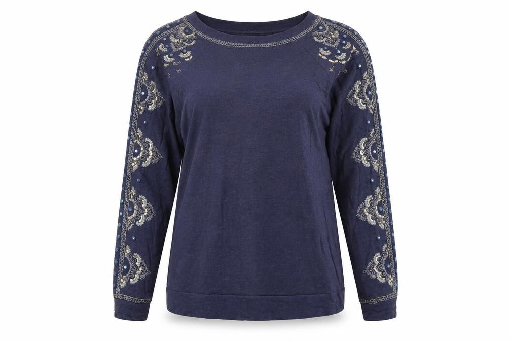 Monsoon Women Blue Embellished Long Sleeve T-Shirt Size S