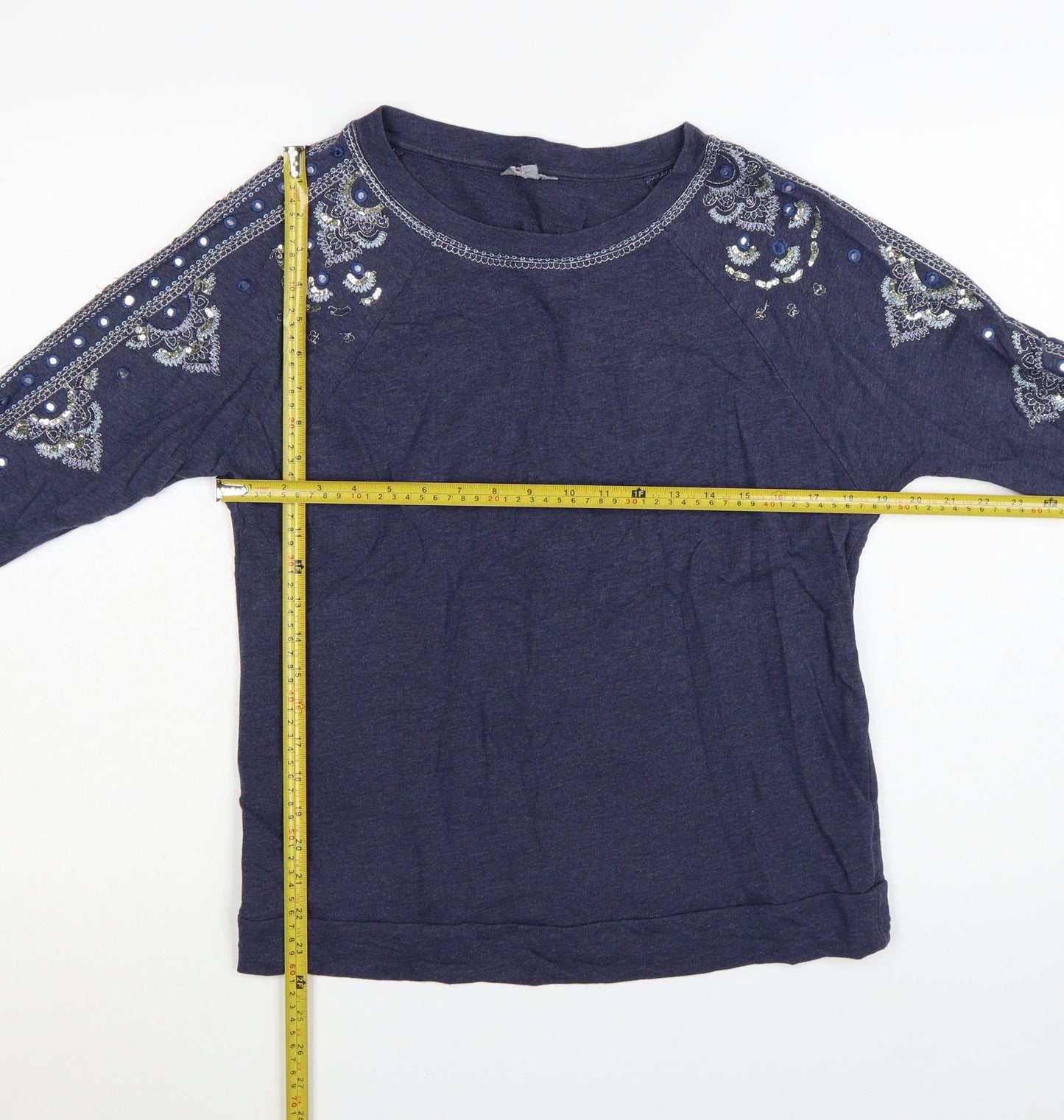 Monsoon Women Blue Embellished Long Sleeve T-Shirt Size S