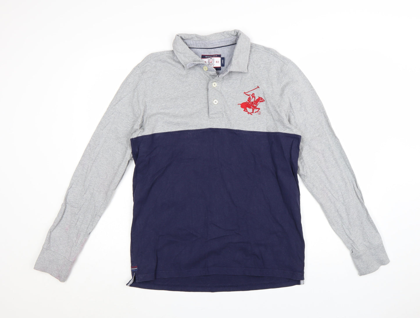 Beverly Hills Polo Club Men's Grey Navy Long Sleeve Polo Shirt Size L