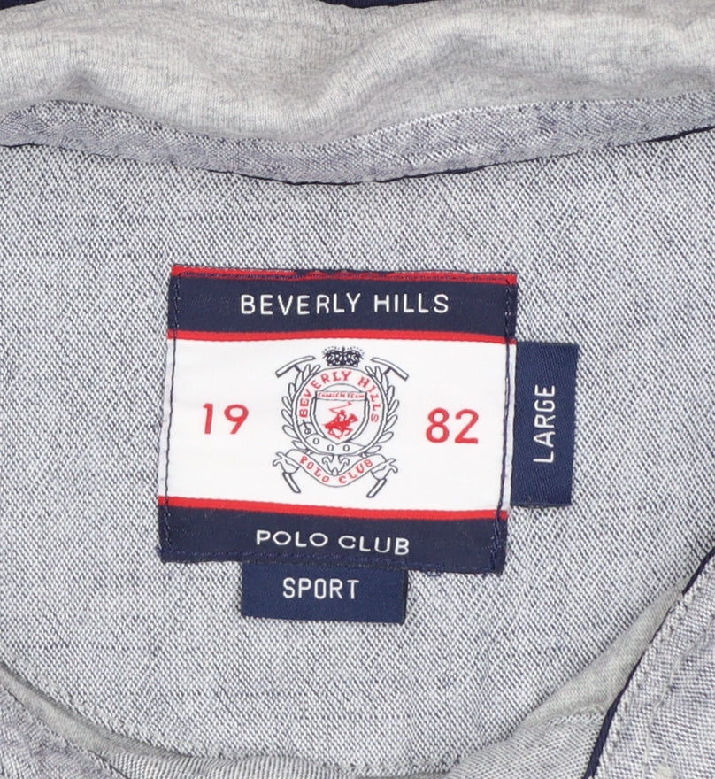 Beverly Hills Polo Club Men's Grey Navy Long Sleeve Polo Shirt Size L