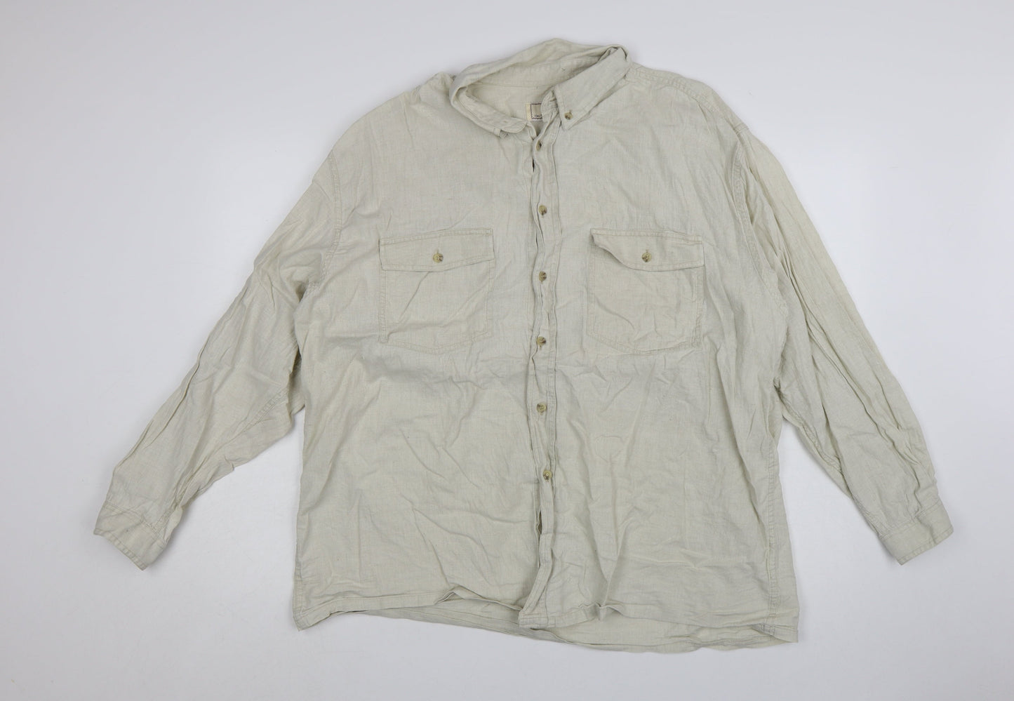 RPS Men's Beige Linen Long Sleeve Button-Up Shirt Size L
