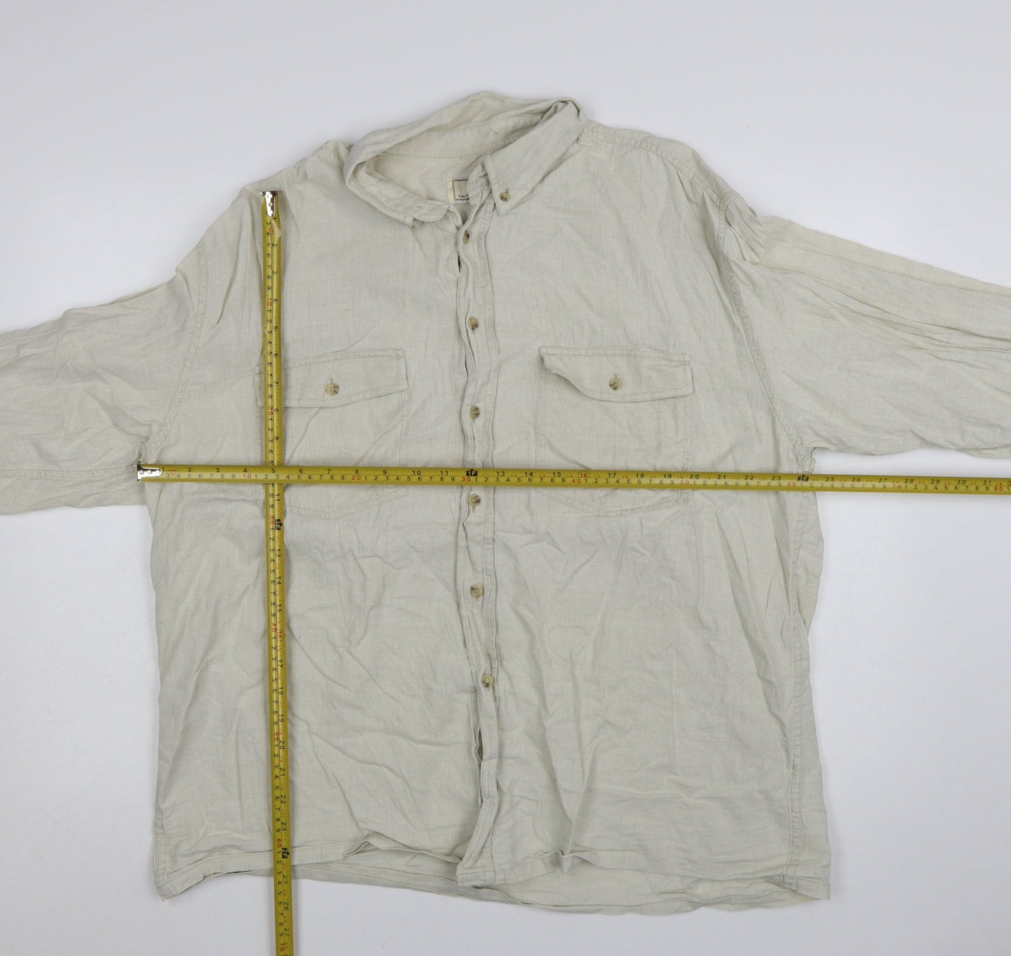 RPS Men's Beige Linen Long Sleeve Button-Up Shirt Size L