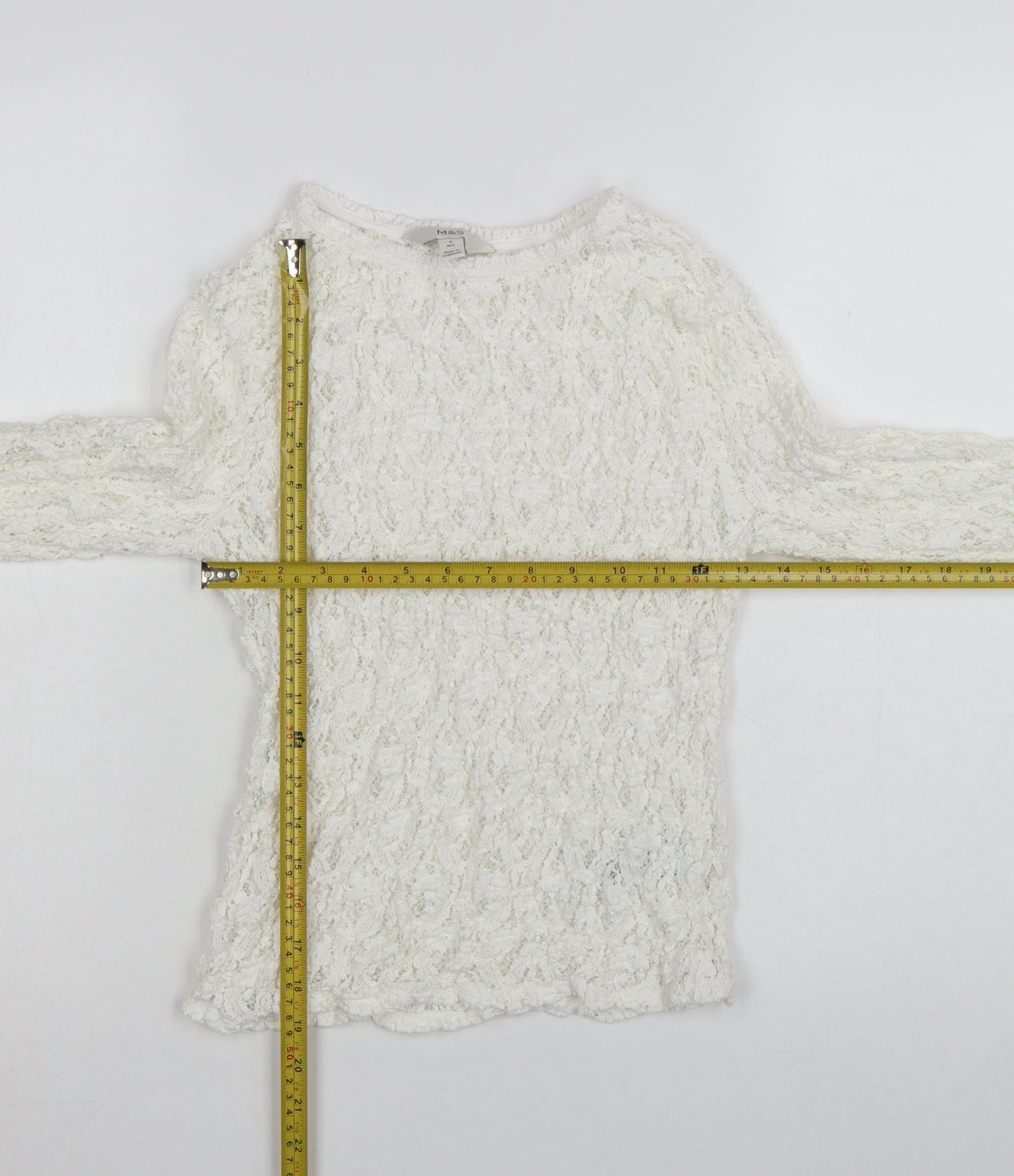 Marks and Spencer Women's White Long Sleeve Lace Cotton Blend Top Size 8