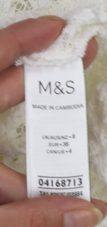 Marks and Spencer Women's White Long Sleeve Lace Cotton Blend Top Size 8