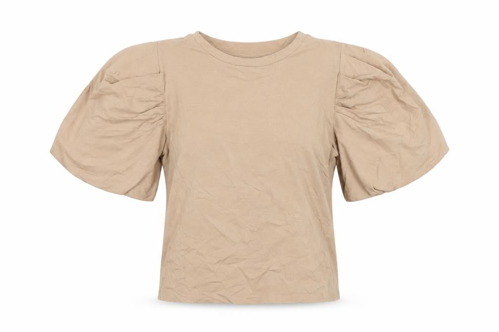 Mango Women Beige Puff Sleeve Cotton T-Shirt XS