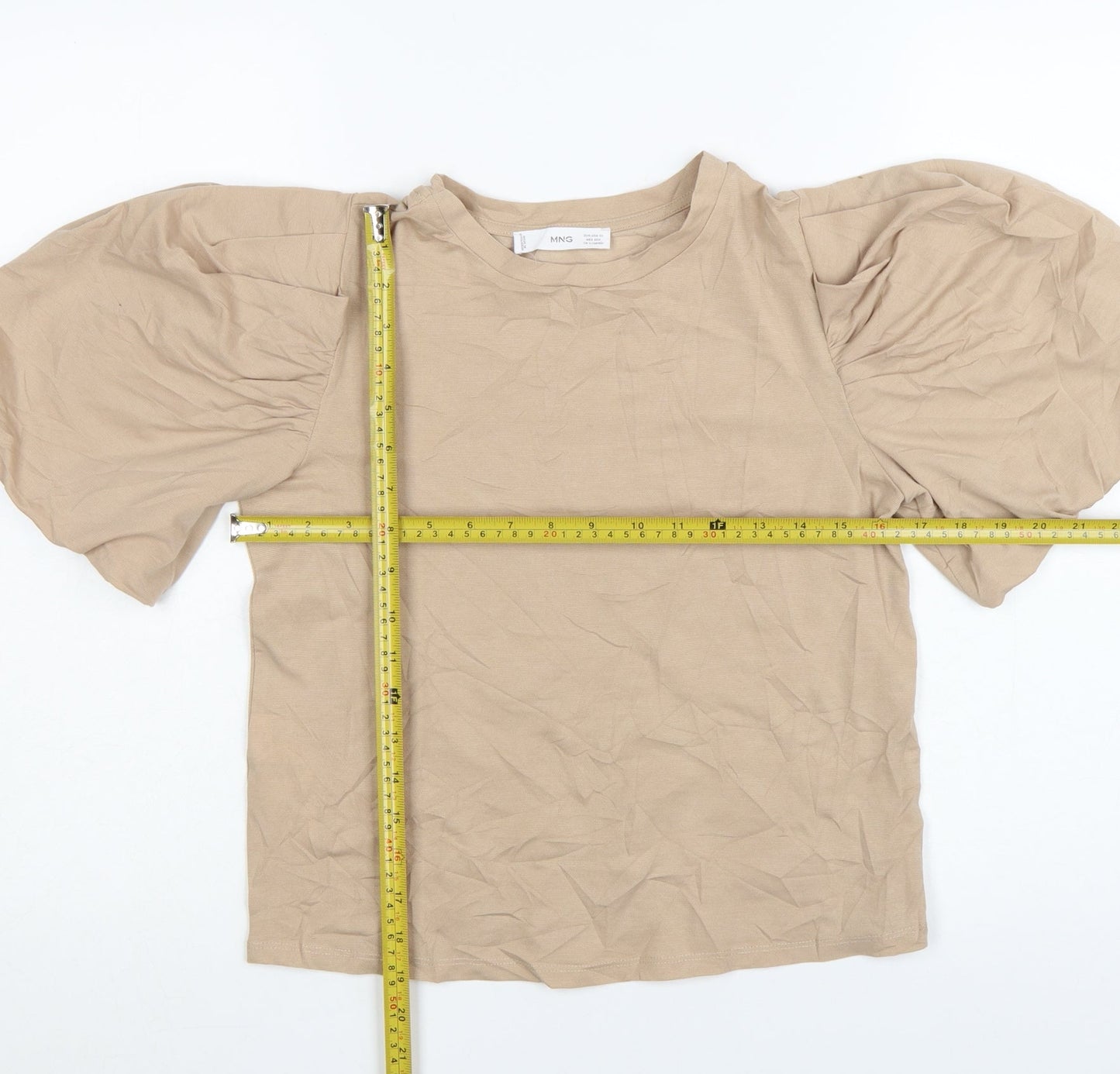 MNG Women Beige Puff Sleeve Cotton T-Shirt XS