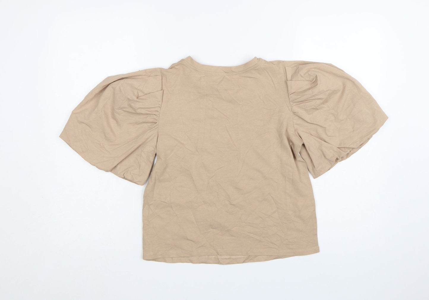 MNG Women Beige Puff Sleeve Cotton T-Shirt XS