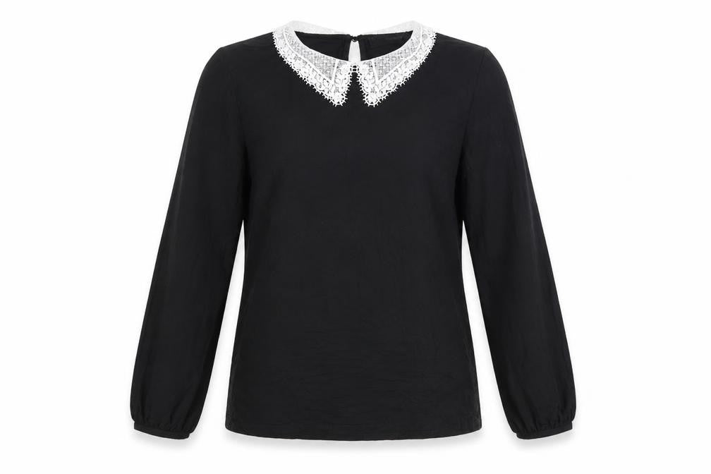 Hallhuber Women's Black Long Sleeve Lace Collar Blouse Size L
