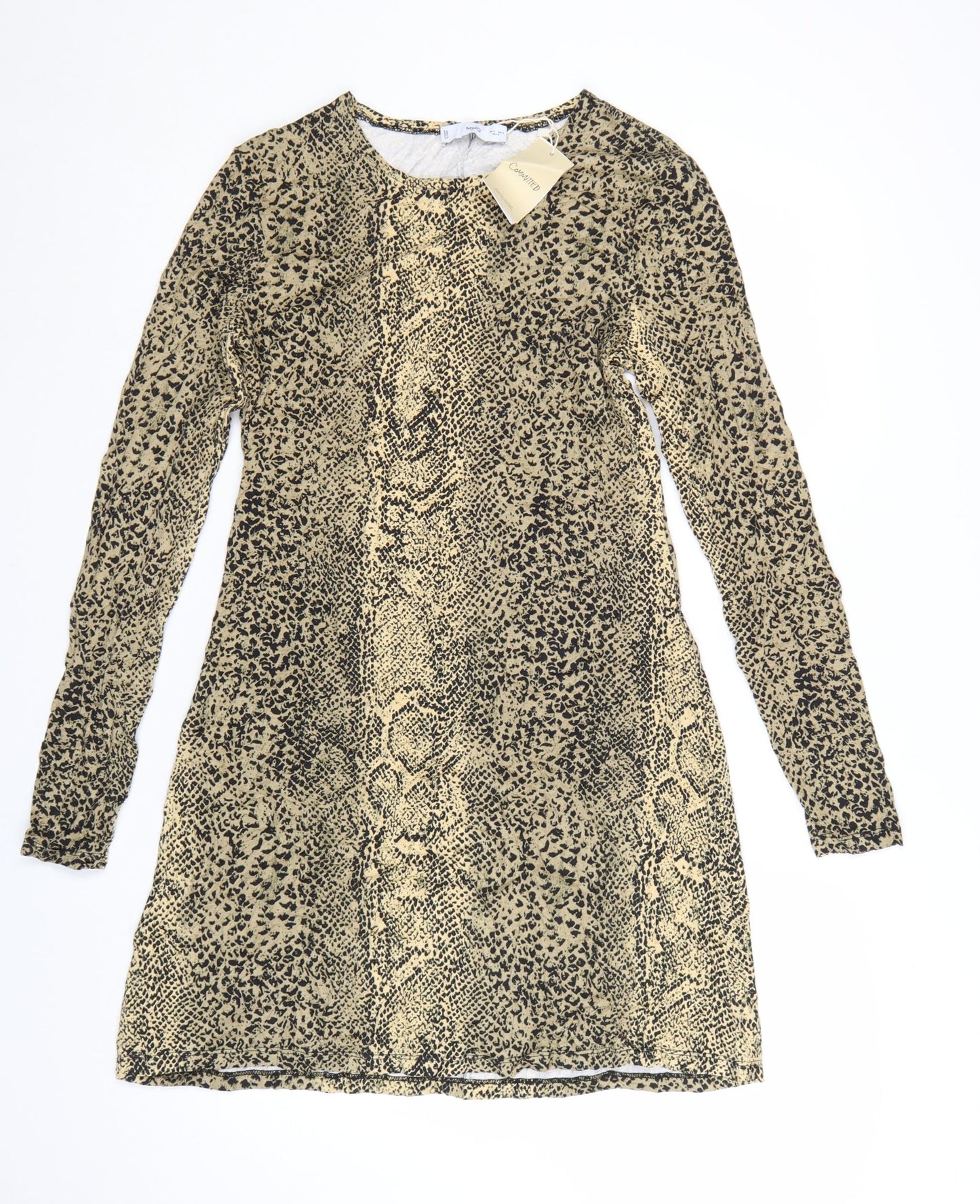 Mango Women Beige Animal Print Shift Dress Size 12 Long Sleeve