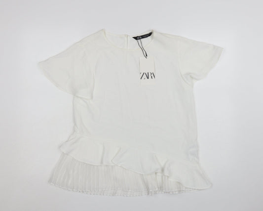 Zara Women White Ruffle Pleated Tunic Blouse Size S