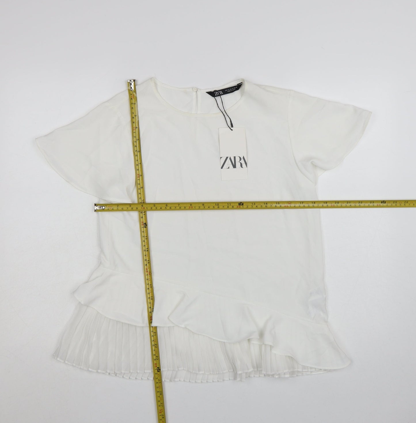 Zara Women White Ruffle Pleated Tunic Blouse Size S