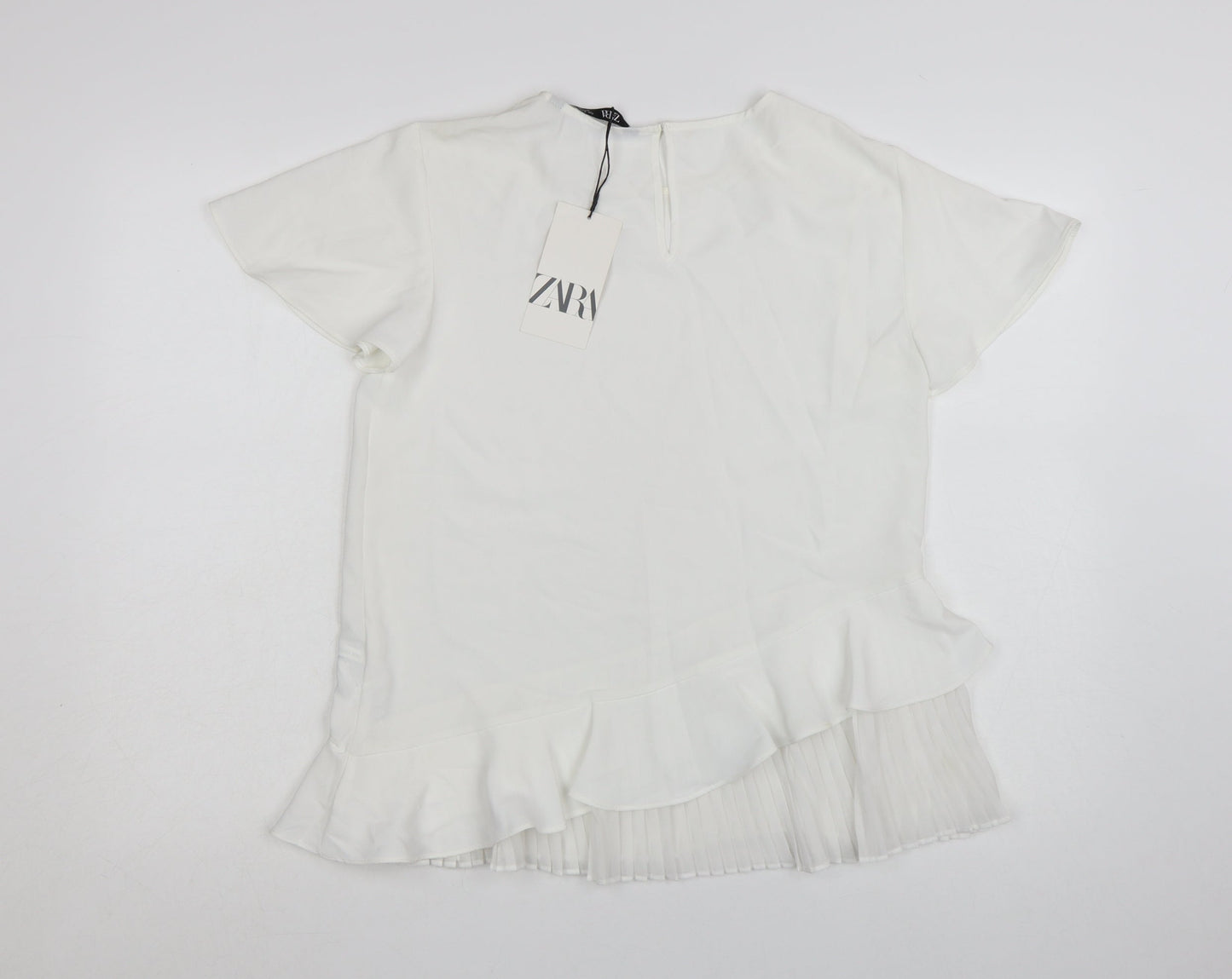 Zara Women White Ruffle Pleated Tunic Blouse Size S