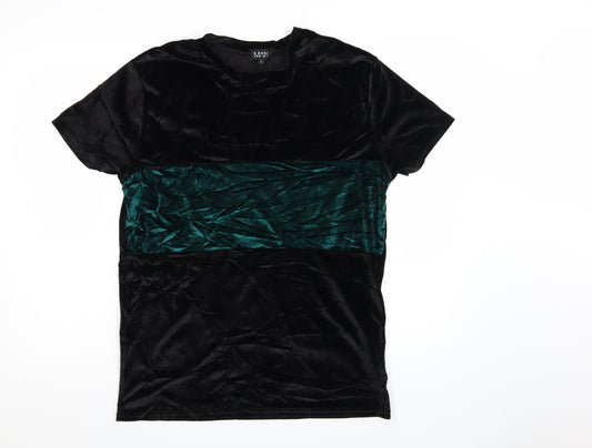 MAN Men's Black & Green Velvet Colourblock T-Shirt Size L