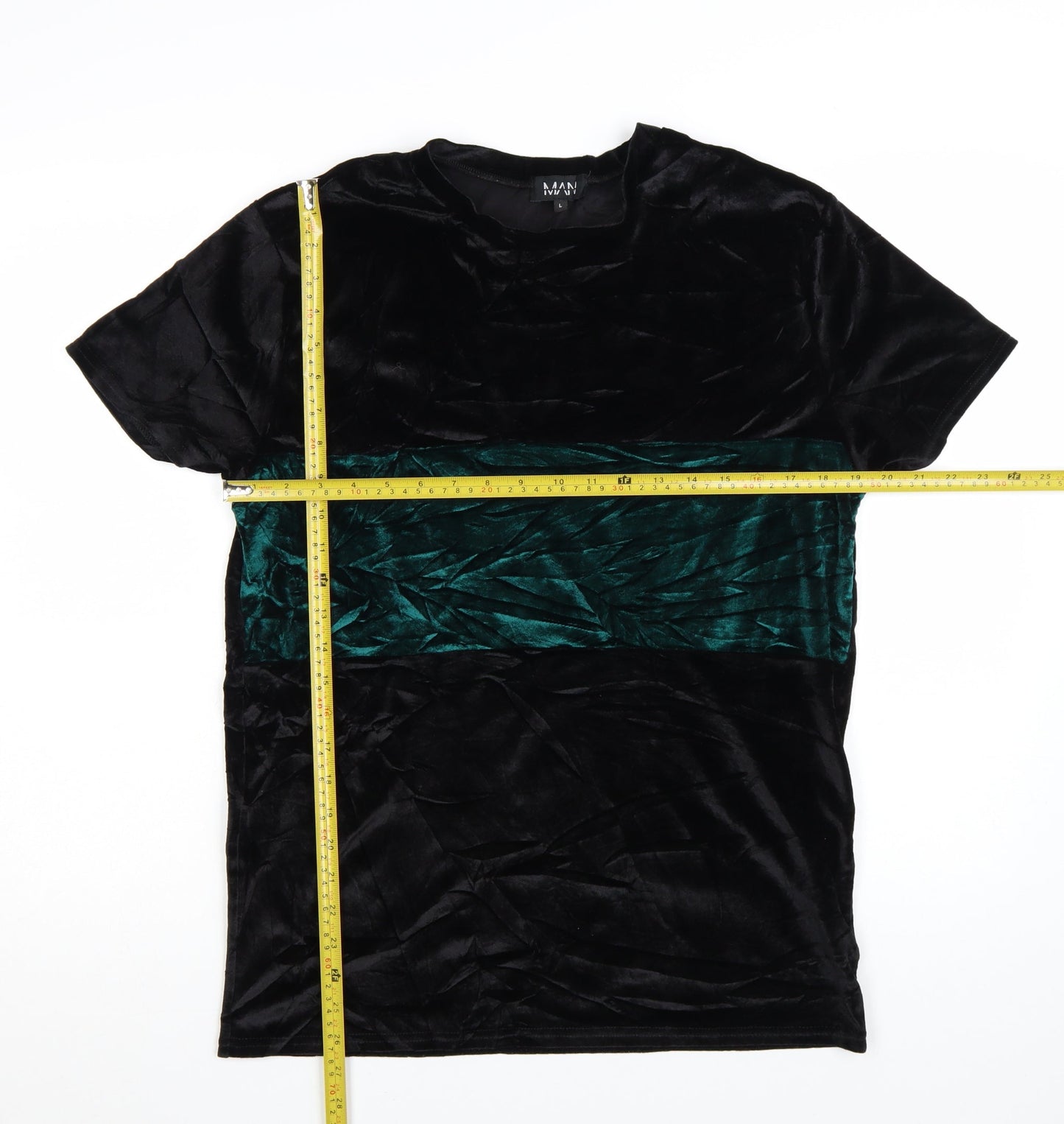 MAN Men's Black & Green Velvet Colourblock T-Shirt Size L