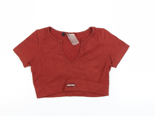 Bo+Tee Womens Brown Cropped Ribbed V-Neck Active T-Shirt Size S