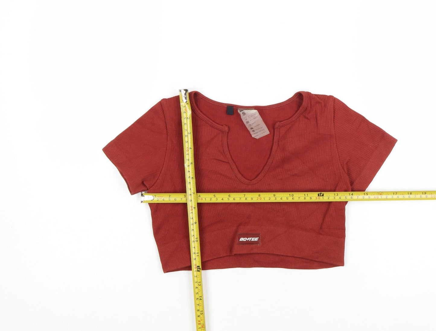 Bo+Tee Womens Brown Cropped Ribbed V-Neck Active T-Shirt Size S
