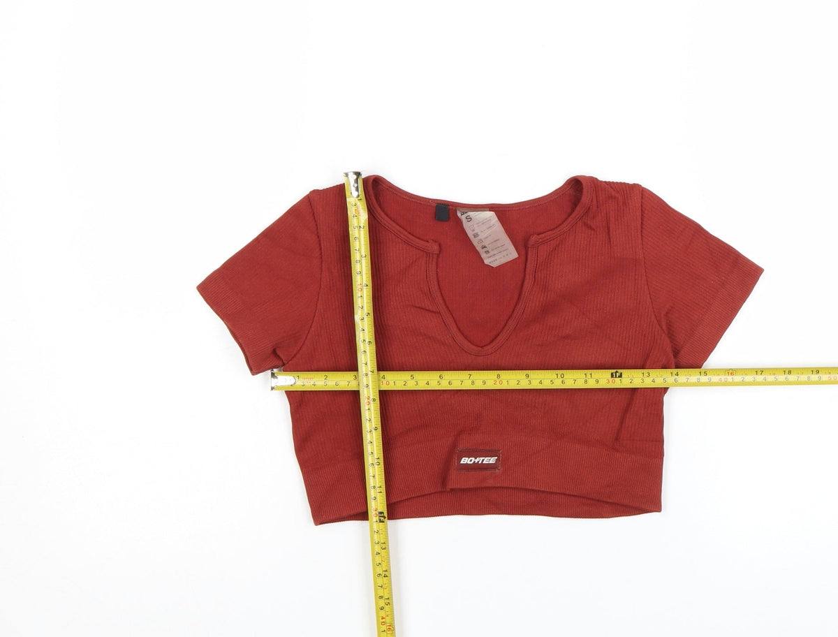 Bo+Tee Womens Brown Cropped Ribbed V-Neck Active T-Shirt Size S