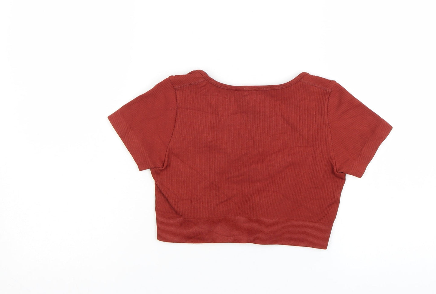 Bo+Tee Womens Brown Cropped Ribbed V-Neck Active T-Shirt Size S