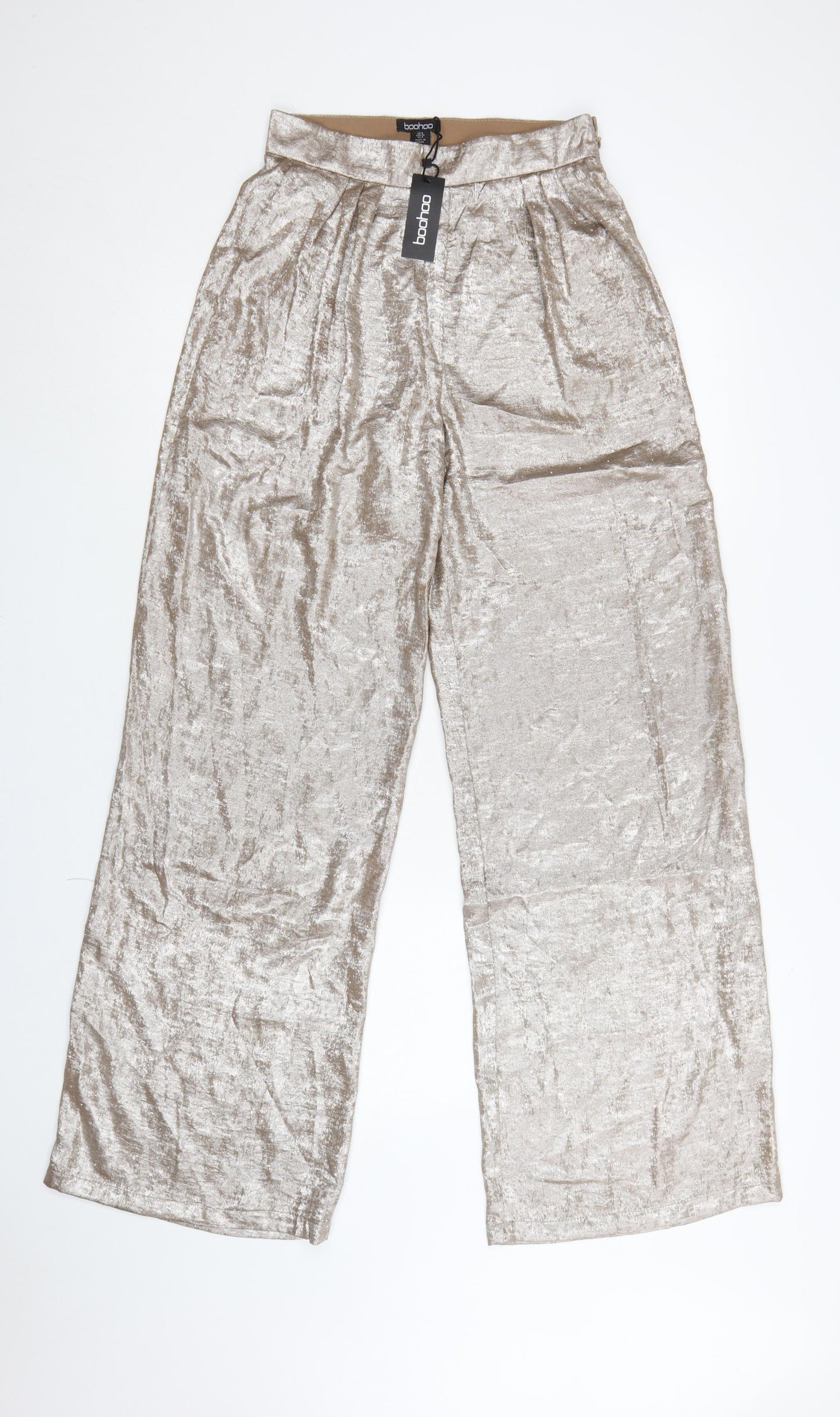 Boohoo Womens Silver Metallic Satin Wide Leg Trousers UK 8