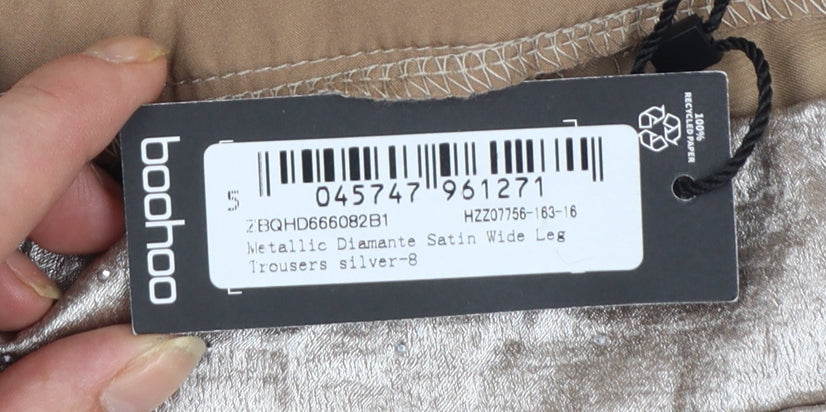 Boohoo Womens Silver Metallic Satin Wide Leg Trousers UK 8