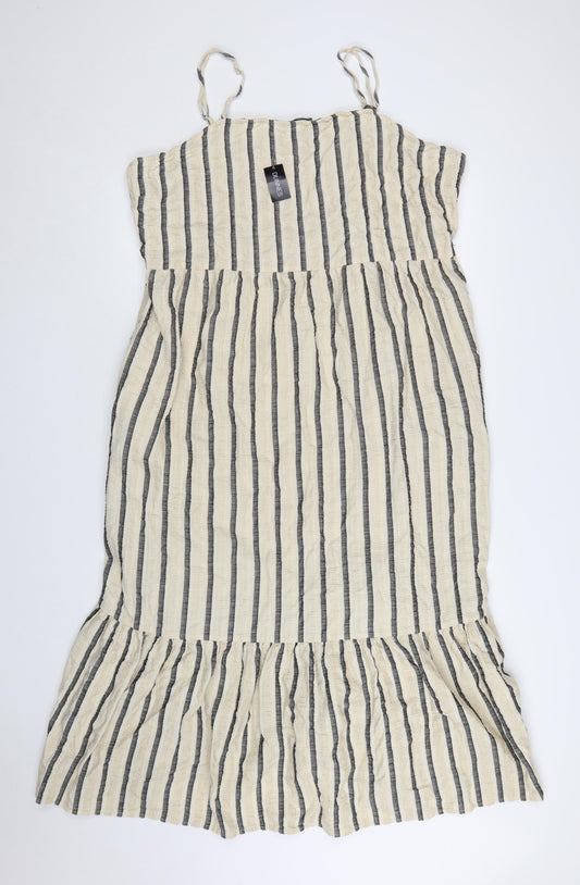 Dunnes Women Beige Striped Cotton Linen Plus Size 22 Sleeveless Slip Dress