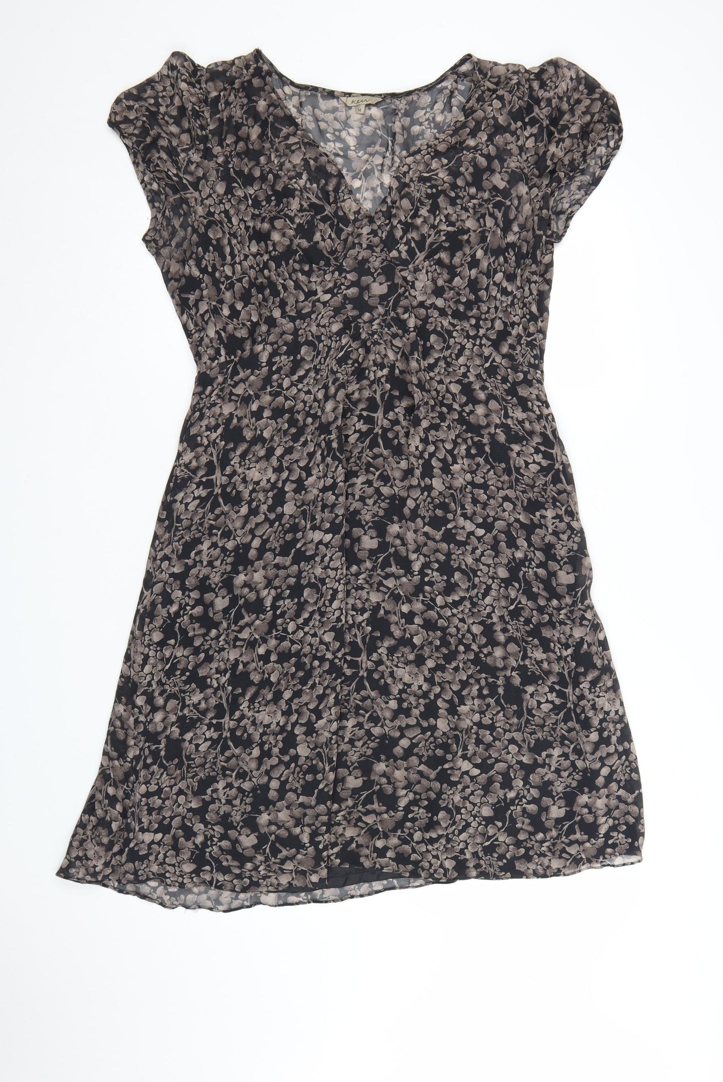 Kew Women Black Floral Silk V-Neck Shift Dress Size 14