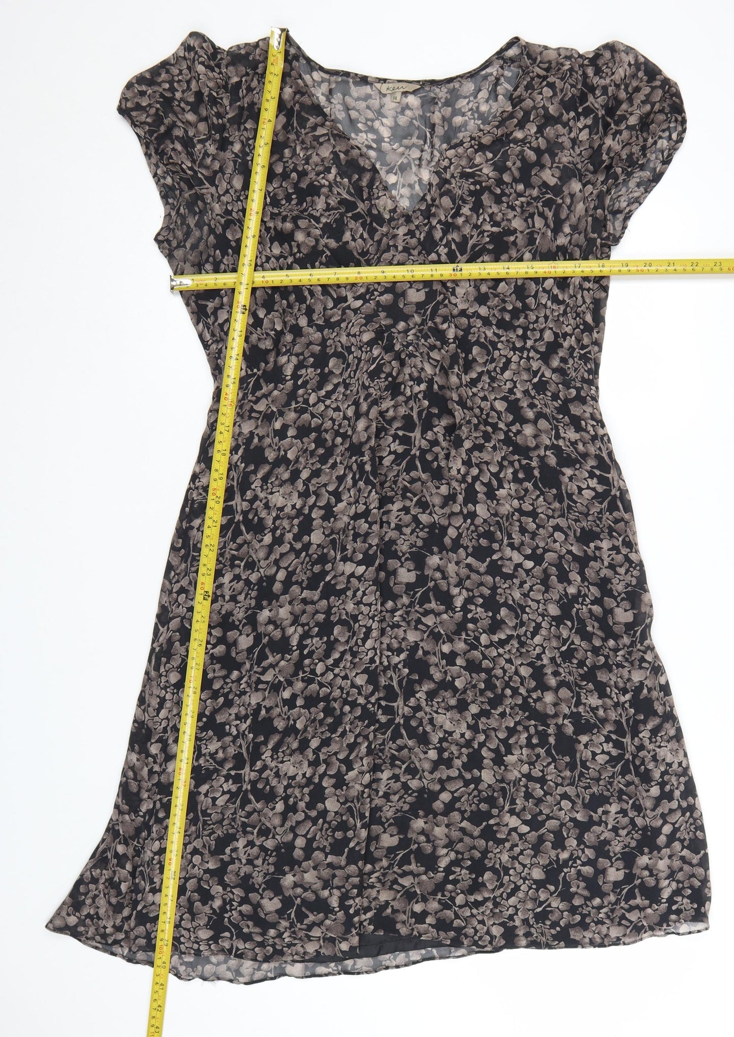 Kew Women Black Floral Silk V-Neck Shift Dress Size 14