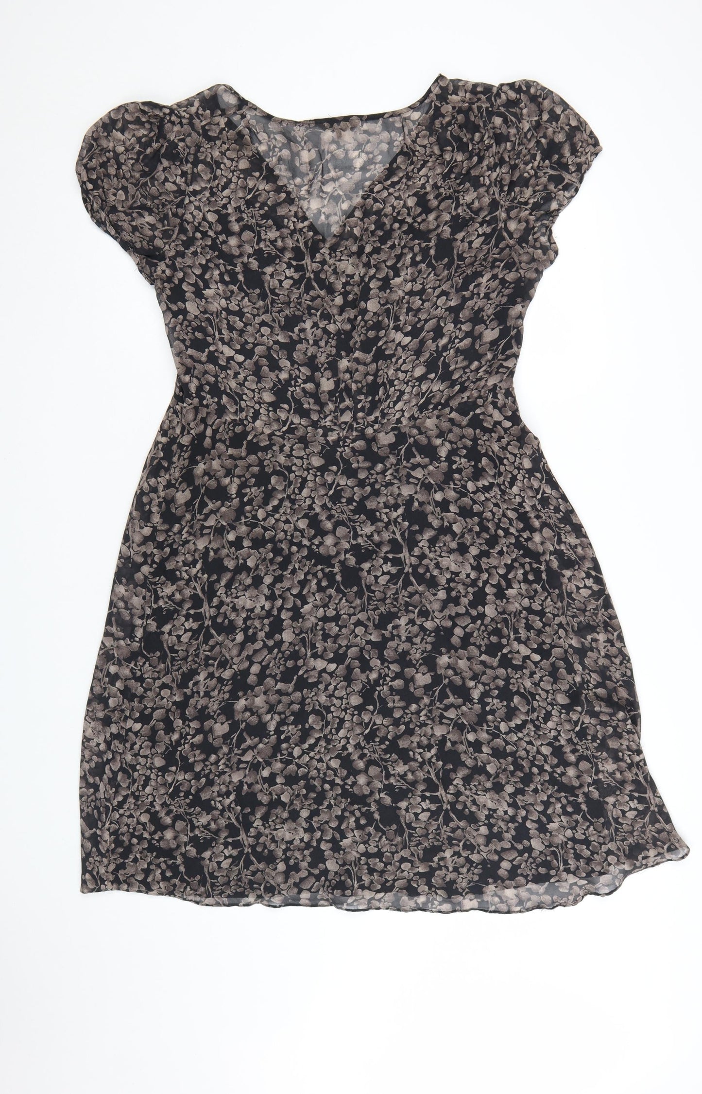 Kew Women Black Floral Silk V-Neck Shift Dress Size 14