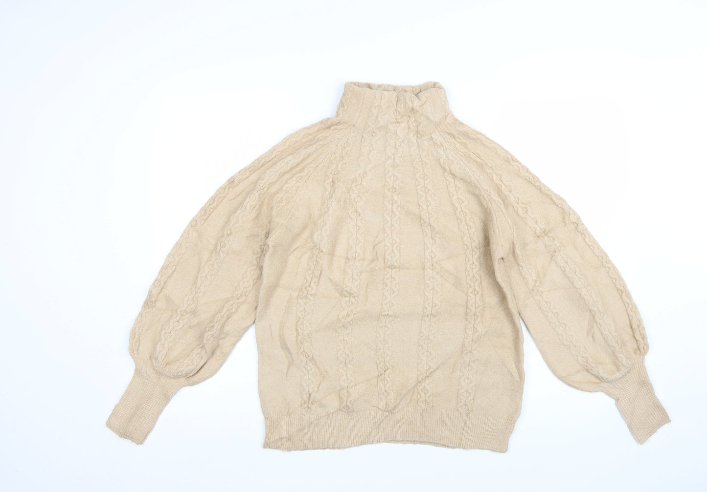 Warehouse Womens Beige Cable-Knit Roll Neck Jumper Size 10