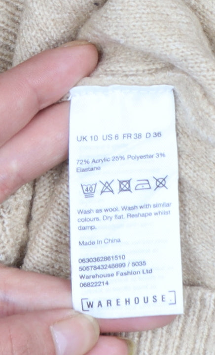 Warehouse Womens Beige Cable-Knit Roll Neck Jumper Size 10