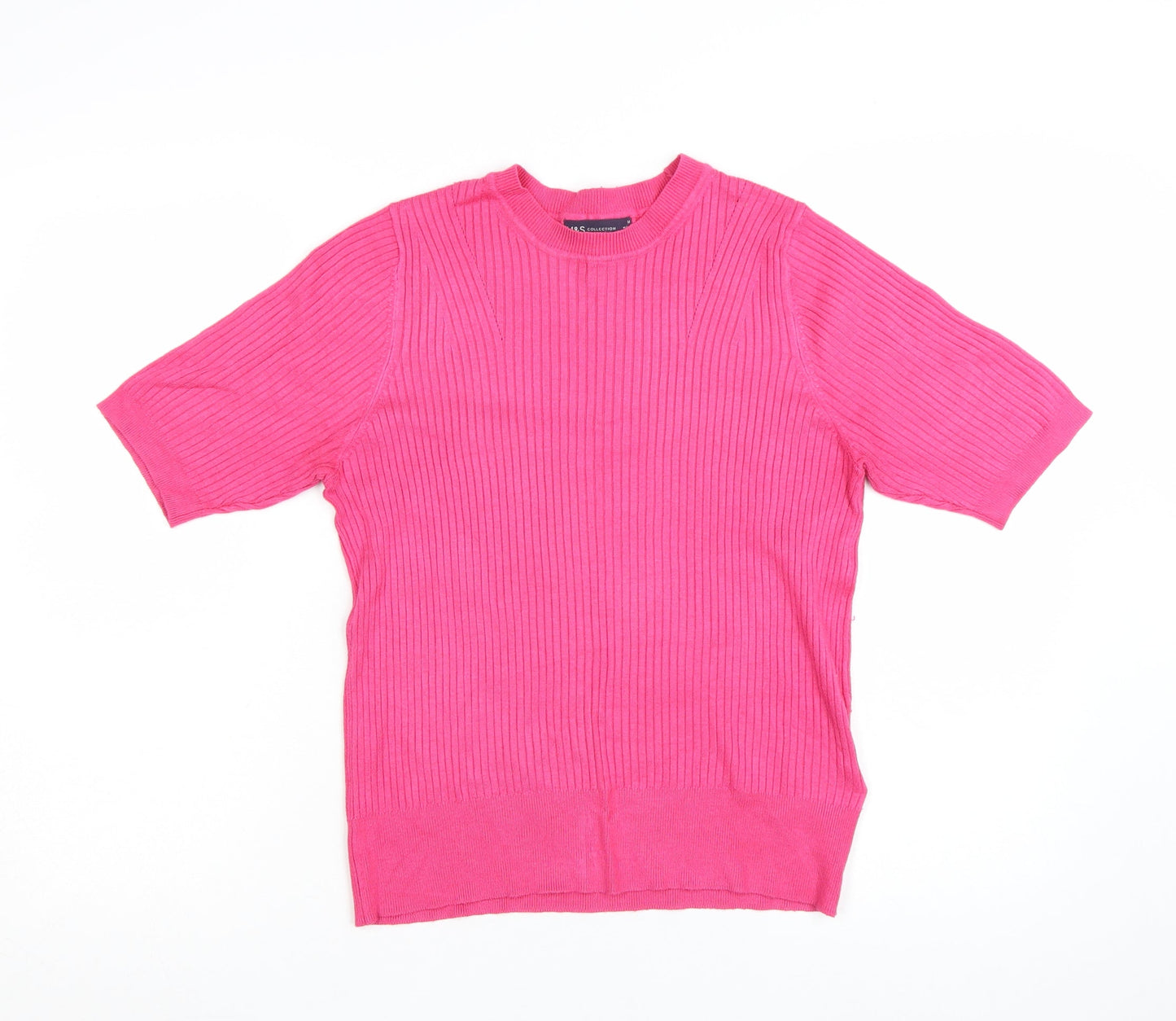 Marks and Spencer Women's Pink Ribbed Short Sleeve Knit Jumper Size 14