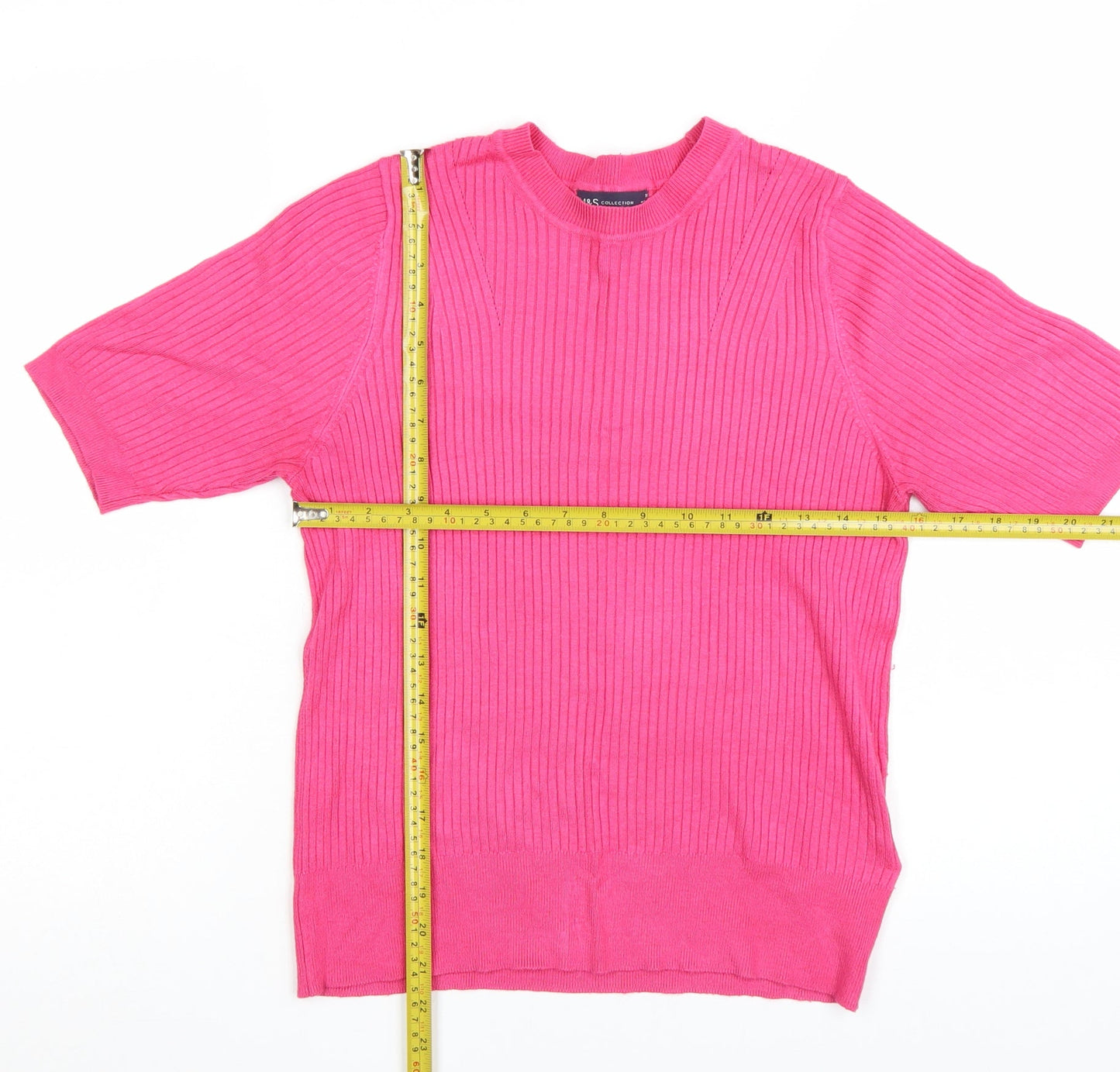 Marks and Spencer Women's Pink Ribbed Short Sleeve Knit Jumper Size 14