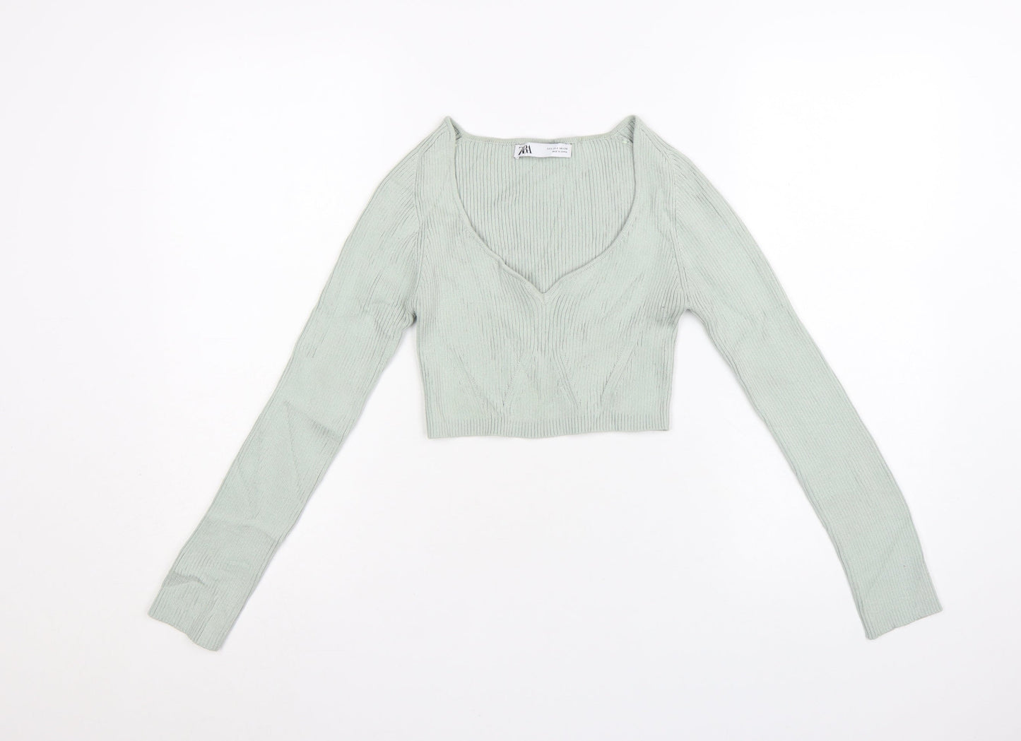 Zara Women Green V-Neck Ribbed Knit Long Sleeve Cropped Jumper S