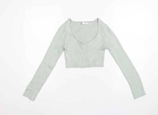 Zara Women Green V-Neck Ribbed Knit Long Sleeve Cropped Jumper S