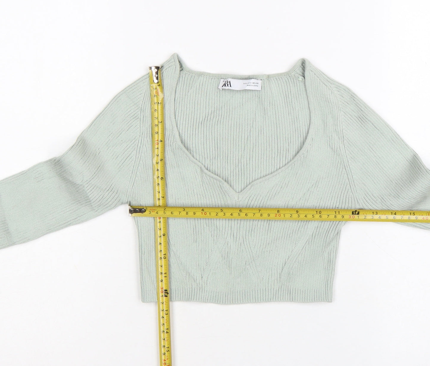 Zara Women Green V-Neck Ribbed Knit Long Sleeve Cropped Jumper S